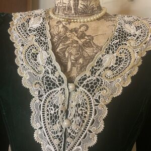 Jessica McClintock Green Velvet Victorian 2-Piece Suit Dress with White Lace 12